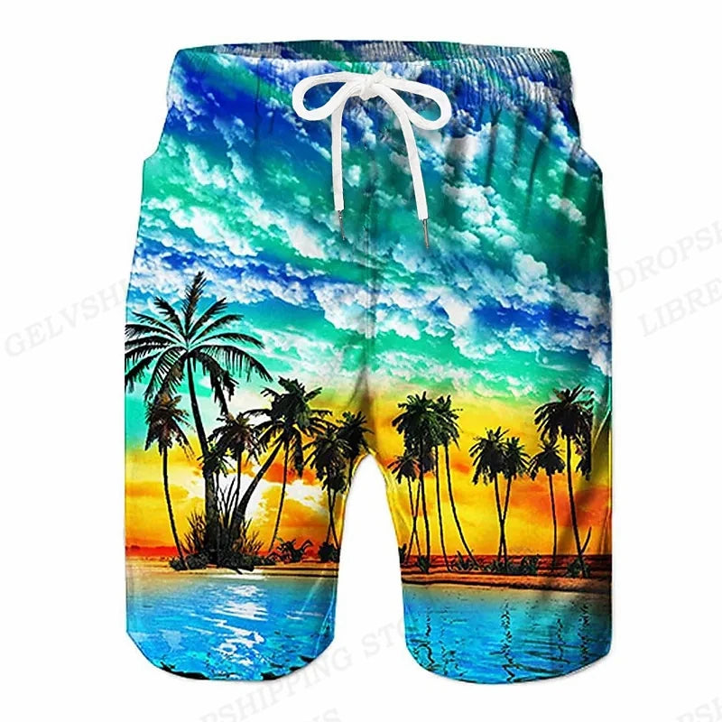 Kids 3D Coconut Tree Surfing Board Shorts – Boys & Girls Beach Swim Trunks