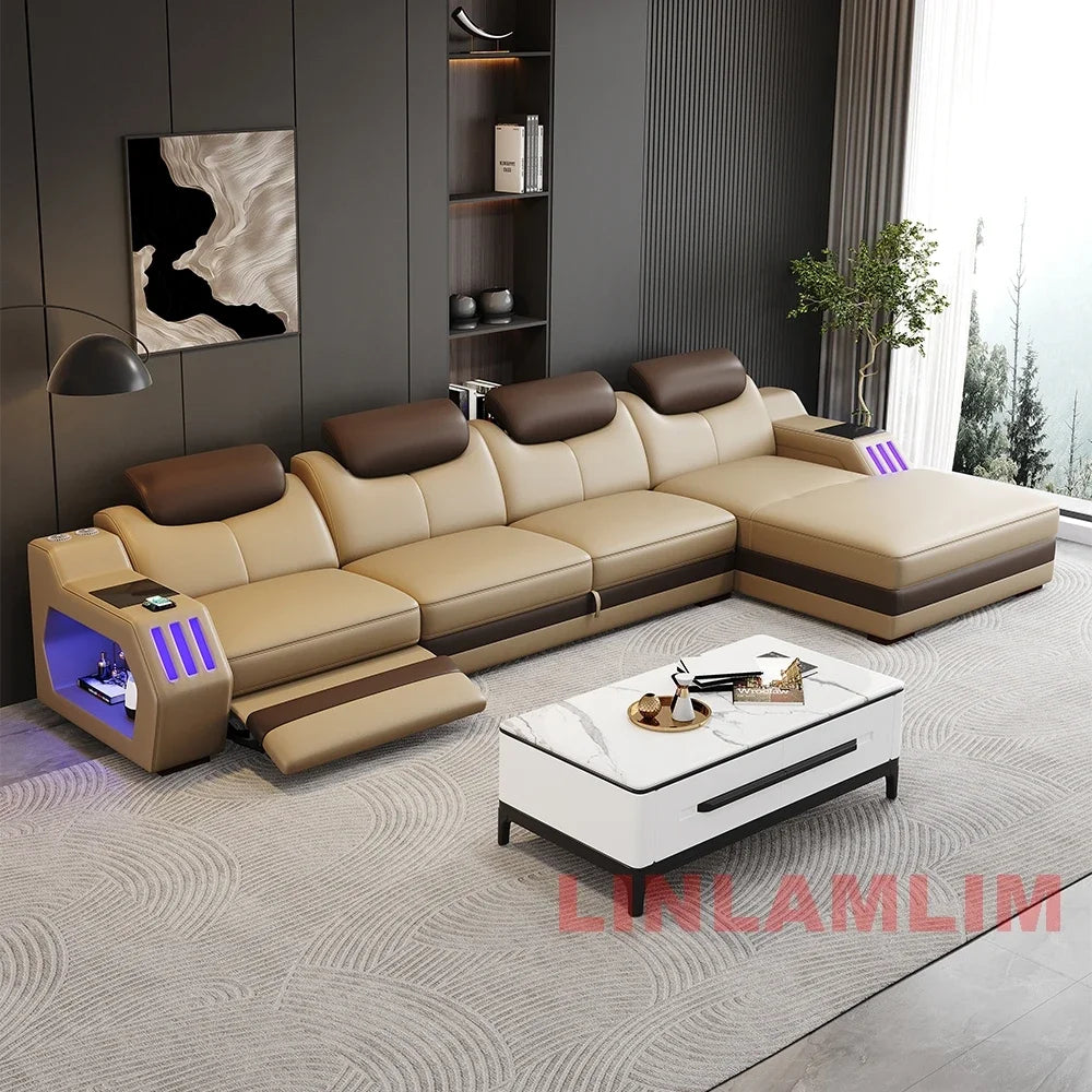 Modern L-Shaped Leather Sectional Sofa Bed with Adjustable Headrests, LED Lights, Storage & USB Ports