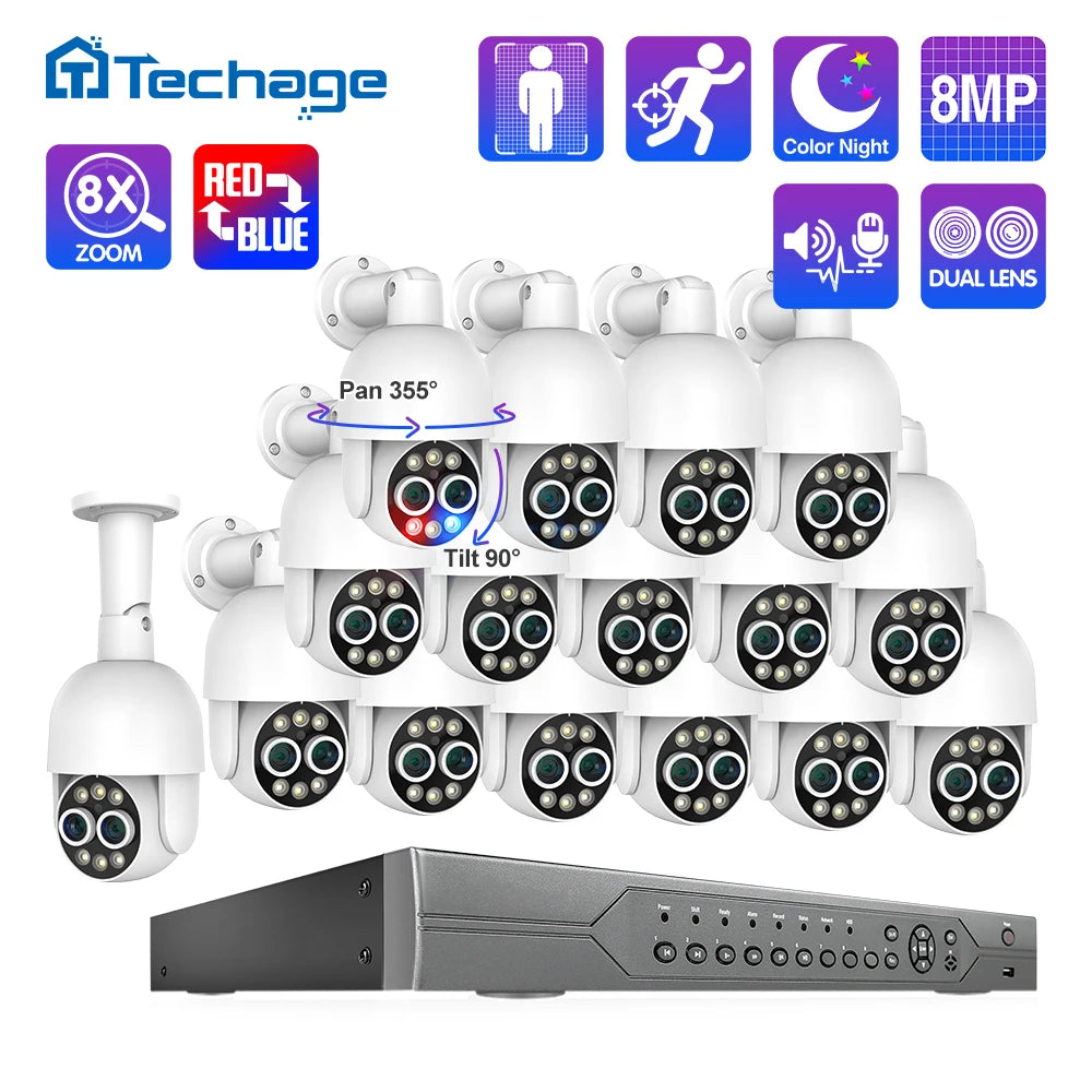 Techage 16CH 8MP Dual Lens PTZ POE CCTV Camera System with Human Detection and Two-Way Audio