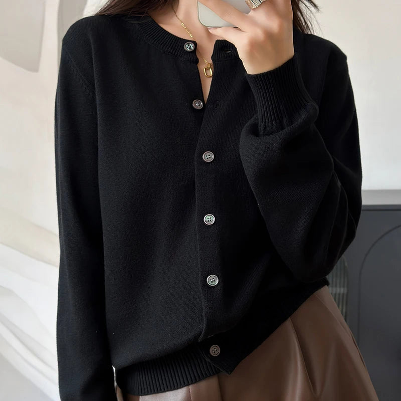 100% Cotton Women’s O-Neck Solid Cardigan – Luxury Designer Pullover