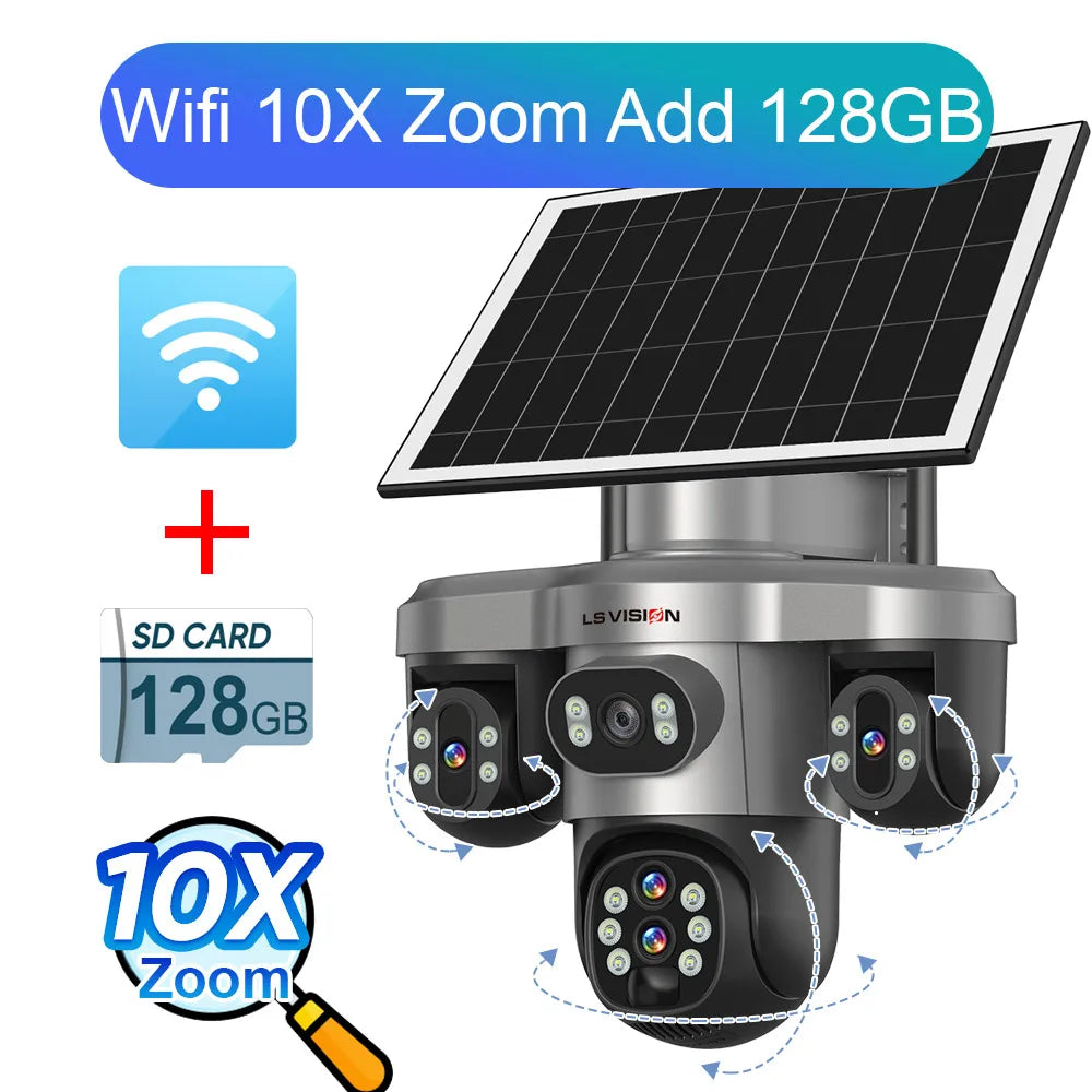 LS VISION 20MP 4-Lens Three Screen 4G/WiFi Solar Security Camera with 10X Optical Zoom and Auto Tracking