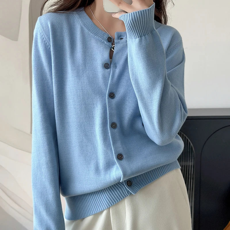 100% Cotton Women’s O-Neck Solid Cardigan – Luxury Designer Pullover