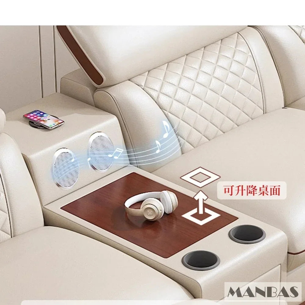 MINGDIBAO Italian Genuine Leather L-Shaped Sofa Set with Adjustable Headrests, Bluetooth Speaker & Wireless Charging