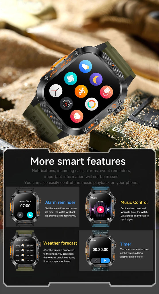 Military-Grade GPS Smartwatch for Men – 2.01” AMOLED, Bluetooth Calling, 3ATM Waterproof, 100+ Sports, 540mAh Battery