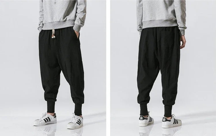 Men’s Cotton Linen Harem Pants – Baggy Streetwear Joggers with Elastic Waist