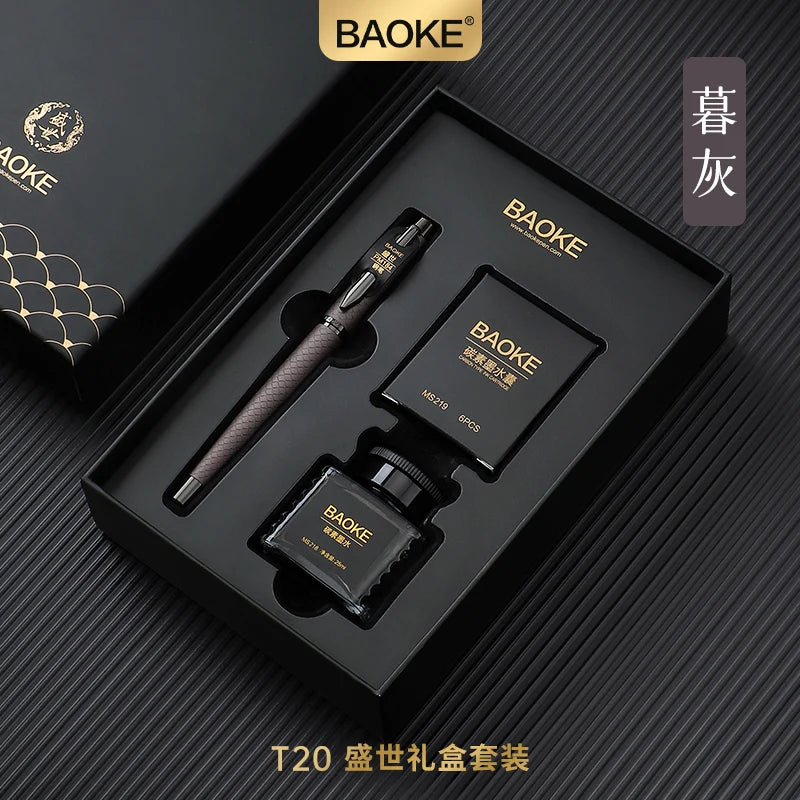 BAOKE T18/T19/T20 Black & Grey Fountain Pen Gift Set with Ink Bottle and 6 Cartridges – Stainless Steel Nib Metal Office Pen