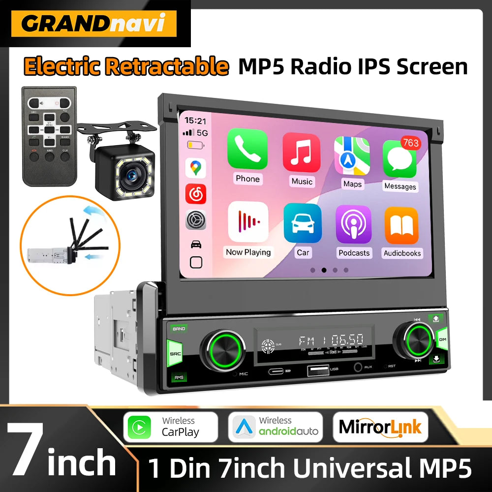 1Din 7 Inch MP5 Radio Player with Automatic Retractable Screen, Wireless CarPlay & Android Auto, FM AM RDS Car Stereo USB Type-C
