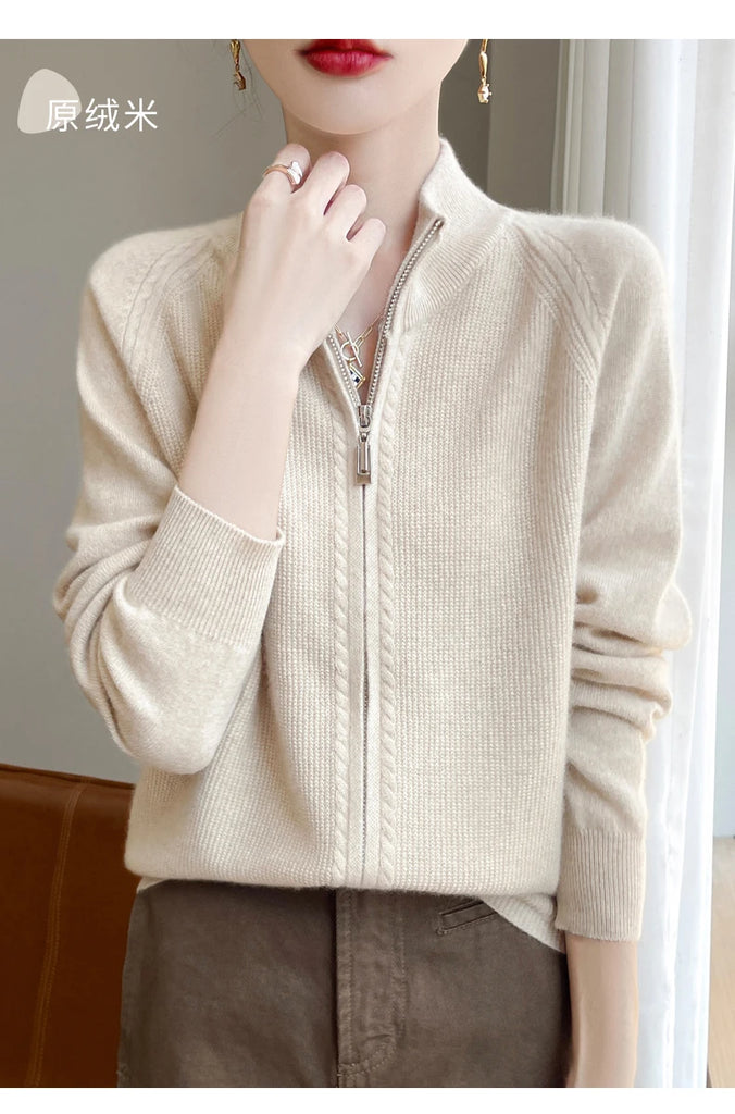 100% Wool Women’s Zipper Turtleneck Sweater – Casual Loose Knit Cardigan for Autumn/Winter
