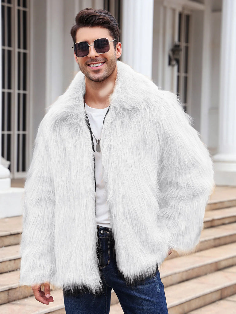 Men’s Faux Fox Fur Jacket Coat – Thick Shaggy Winter Outerwear