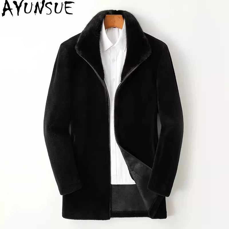 Men’s Winter Sheep Shearing Wool Jacket with Mink Fur Collar – Mid-Length Casual Coat