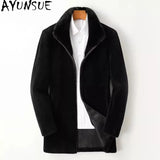 Men’s Winter Sheep Shearing Wool Jacket with Mink Fur Collar – Mid-Length Casual Coat thumbnail 1