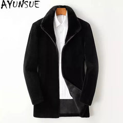 Men’s Winter Sheep Shearing Wool Jacket with Mink Fur Collar – Mid-Length Casual Coat