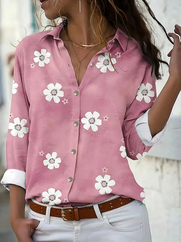 Women’s Floral Slim-Fit Long Sleeve Blouse – Soft Silk Blend Spring/Summer Shirt