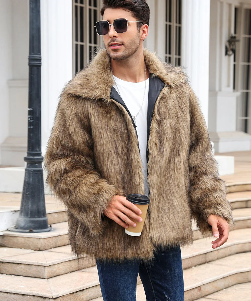 Men’s Faux Fox Fur Jacket Coat – Thick Shaggy Winter Outerwear