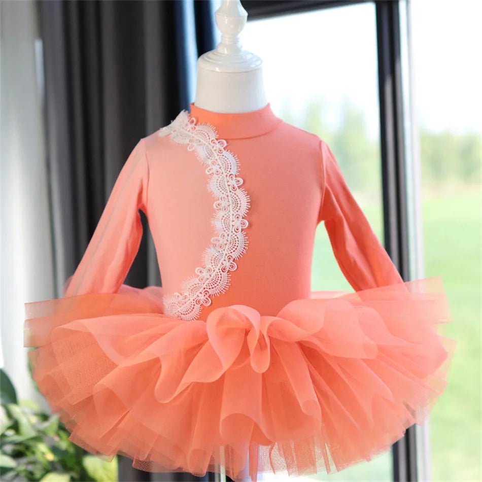 Girls Long Sleeve Ballet Dress Kids Ballet Leotard Tutu Skirt Gymnastics Dance Costume