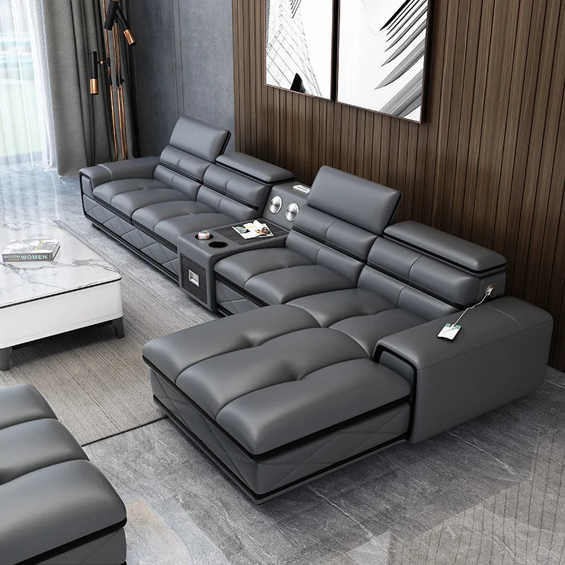 Modern Italian Genuine Leather Sectional Sofa with USB Charging & Bluetooth Speaker – MINGDIBAO Living Room Furniture