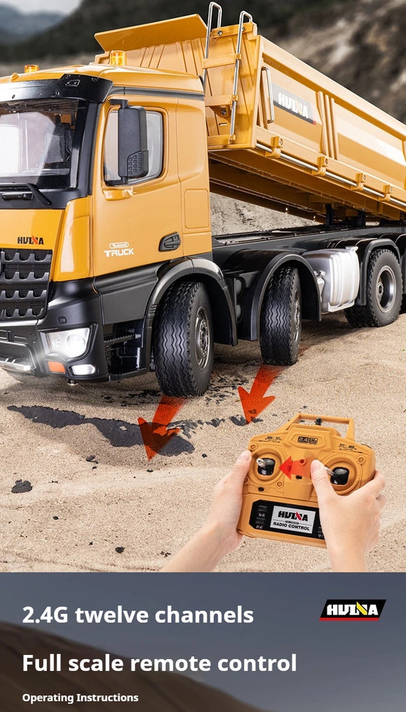 536 12-Channel 1:14 Alloy Remote Control 8-Wheel Heavy-Duty Engineering Dump Truck Toy with Lights