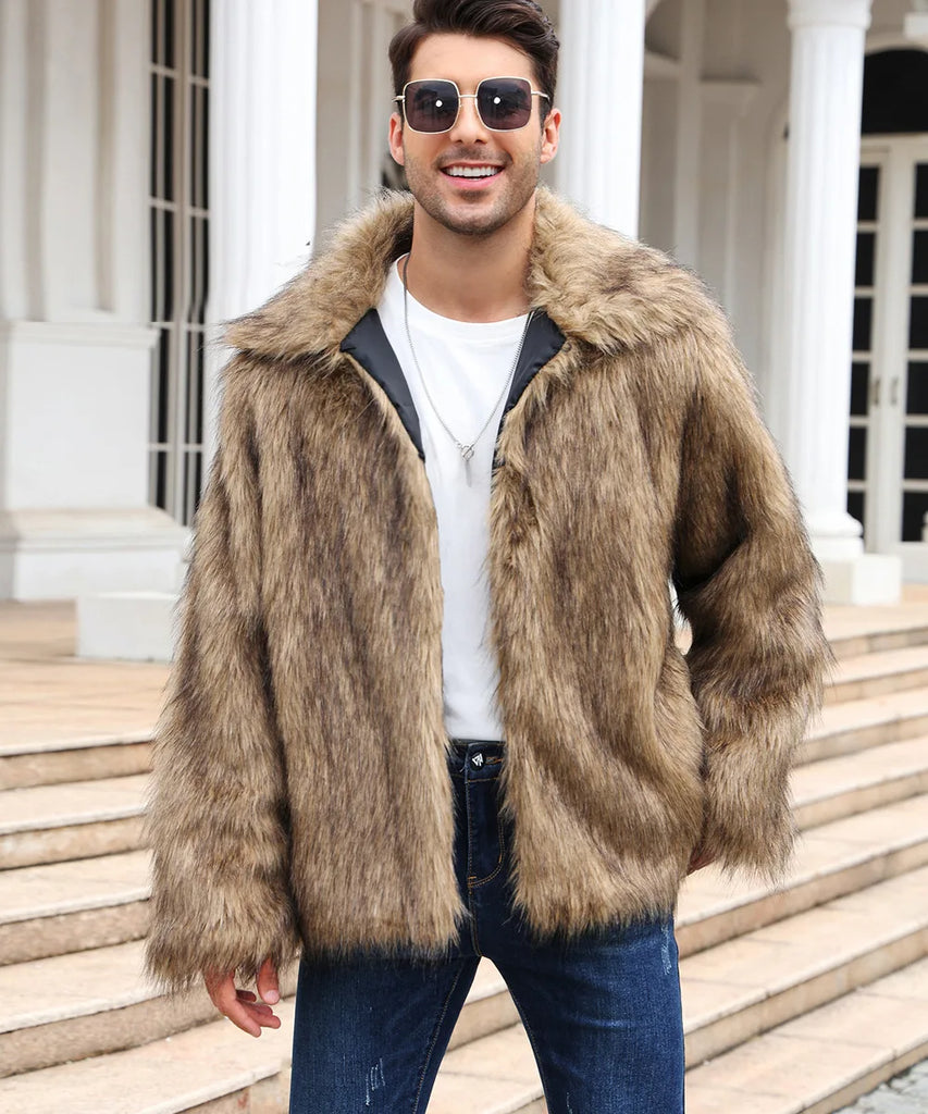 Men’s Faux Fox Fur Jacket Coat – Thick Shaggy Winter Outerwear