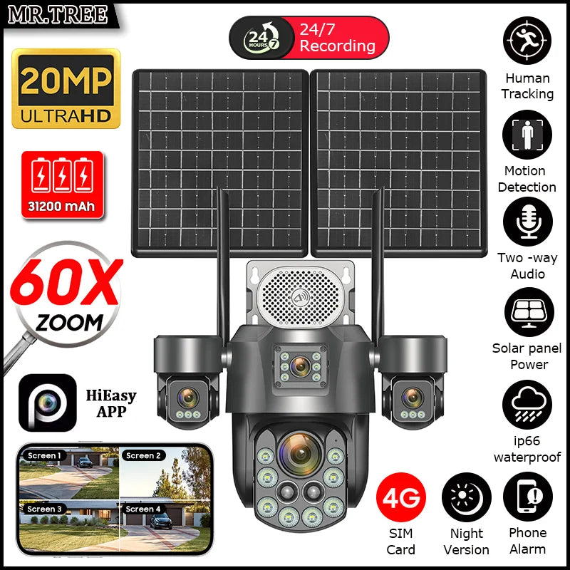 20MP 4-Lens Solar 4G Outdoor Security Camera with 60X Optical Zoom & Auto Tracking
