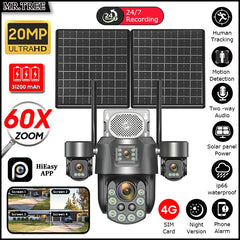 20MP 4-Lens Solar 4G Outdoor Security Camera with 60X Optical Zoom & Auto Tracking