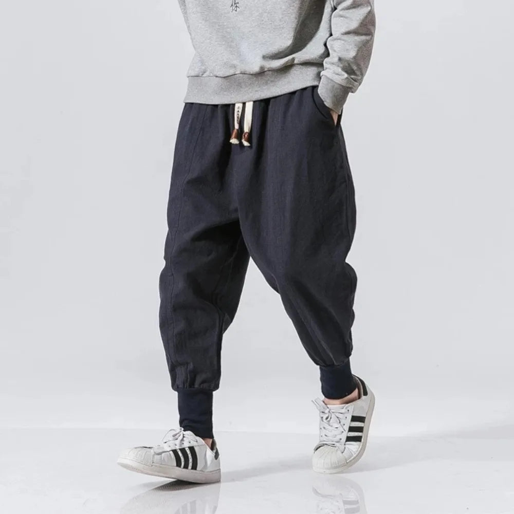 Men’s Cotton Linen Harem Pants – Baggy Streetwear Joggers with Elastic Waist