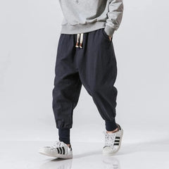 Men’s Cotton Linen Harem Pants – Baggy Streetwear Joggers with Elastic Waist