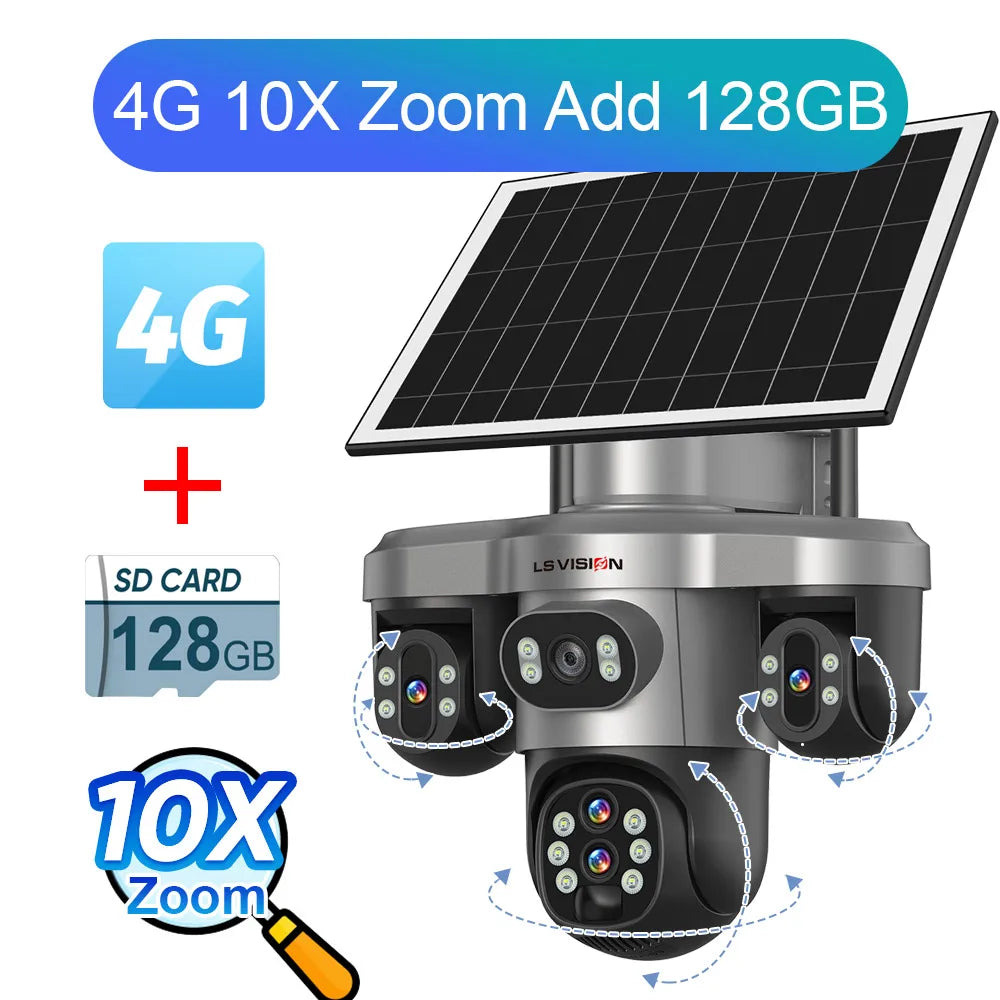 LS VISION 20MP 4-Lens Three Screen 4G/WiFi Solar Security Camera with 10X Optical Zoom and Auto Tracking