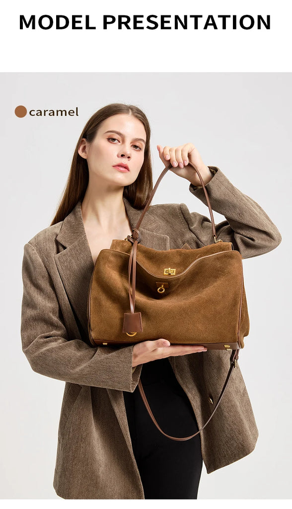 Women’s Genuine Suede Leather Large Capacity Shoulder Tote Bag Luxury Casual Handbag
