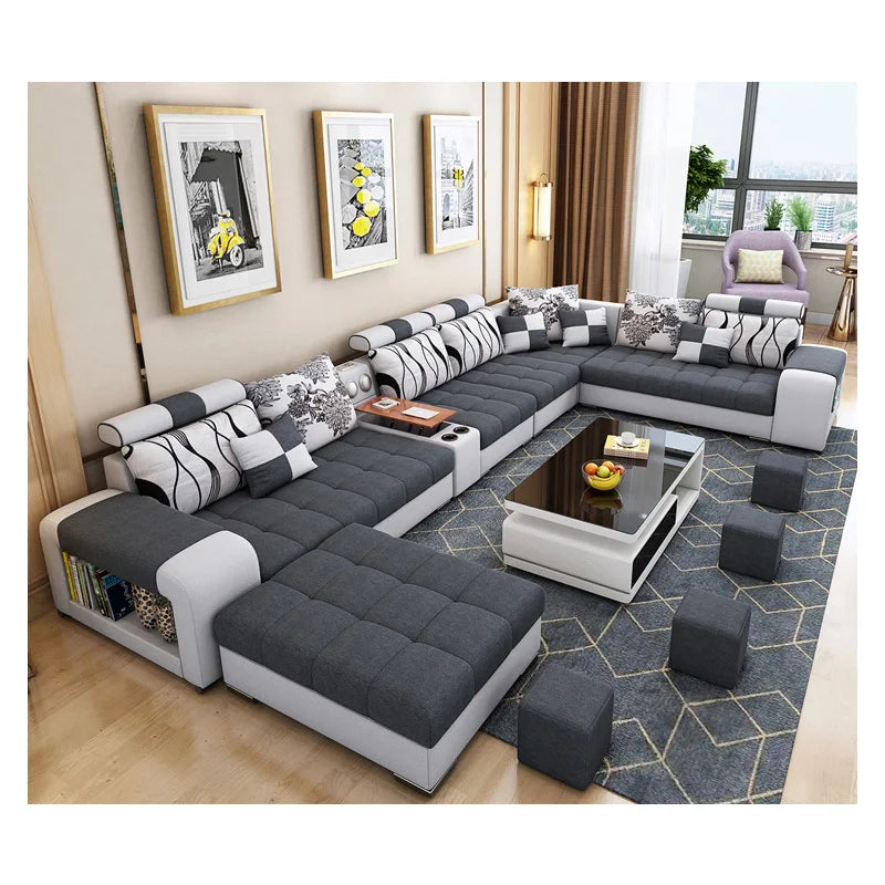 Modern U-Shaped Fabric Sofa Set with USB & Stools – Living Room Couch, Customizable Colors