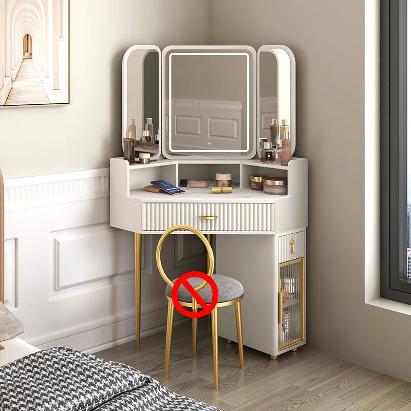 Luxury Solid Wood Corner Dressing Table with Mirror and Stool – Modern Minimalist Bedroom Furniture