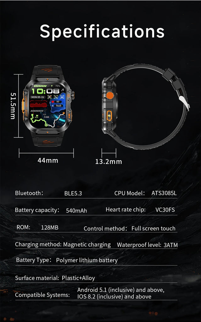 Military-Grade GPS Smartwatch for Men – 2.01” AMOLED, Bluetooth Calling, 3ATM Waterproof, 100+ Sports, 540mAh Battery