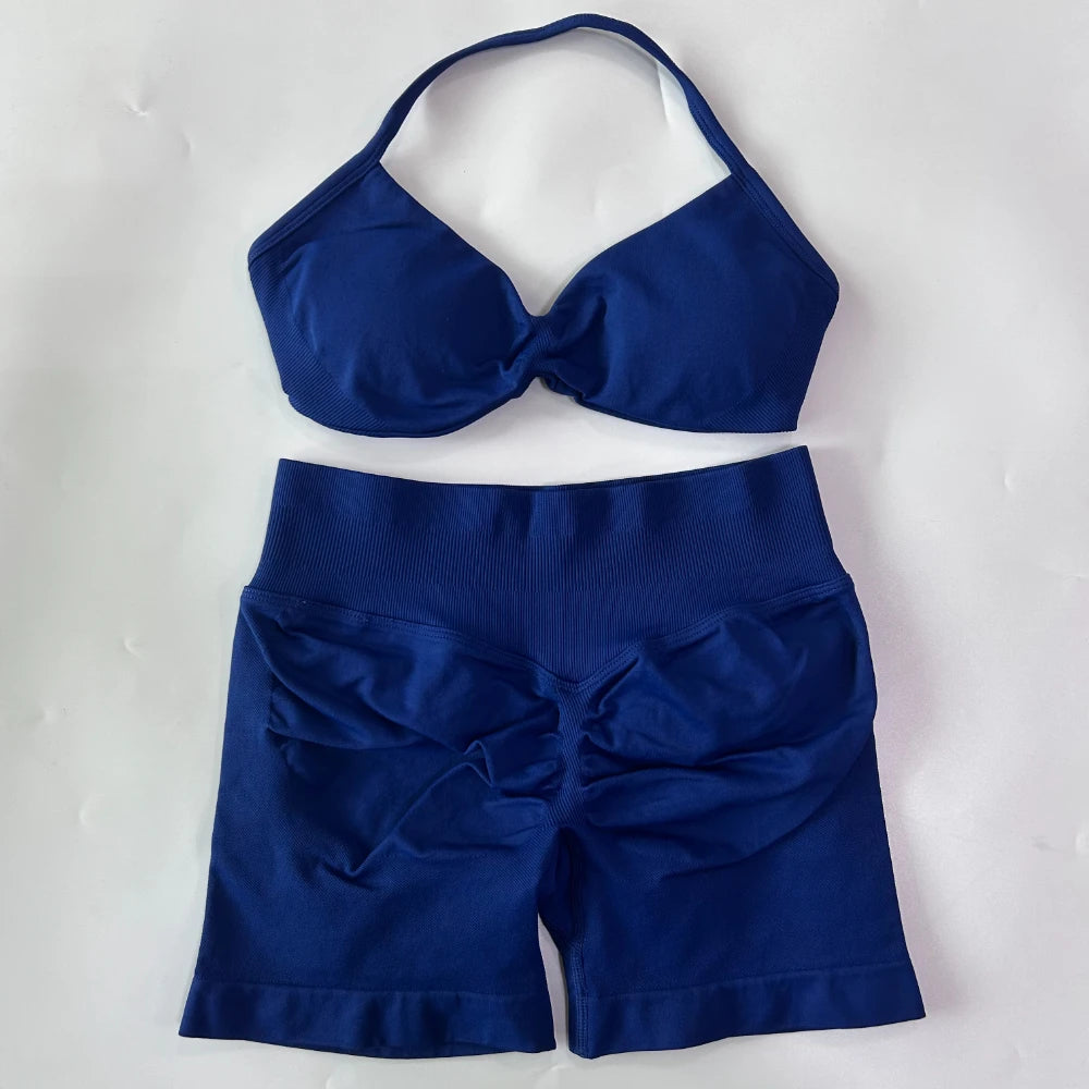 Women’s 2-Piece Seamless Gym Set – Strappy Yoga Bra & High-Waist Scrunch Shorts Workout Suit