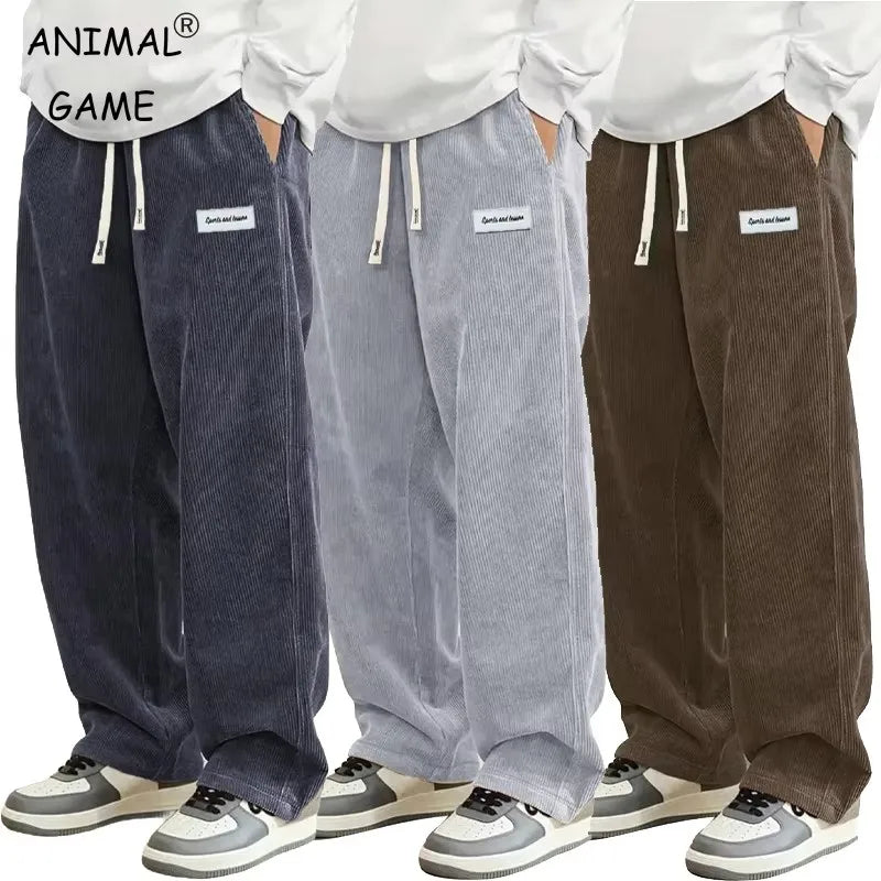 Men’s Corduroy Casual Pants Loose Fit Straight Leg with Elastic Waist and Drawstring