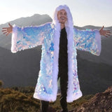 Men’s Faux Fur Long Coat with Sequins Hood – Fluffy Warm Winter Jacket for Party, Cosplay & Stage thumbnail 1