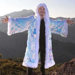 Men’s Faux Fur Long Coat with Sequins Hood – Fluffy Warm Winter Jacket for Party, Cosplay & Stage