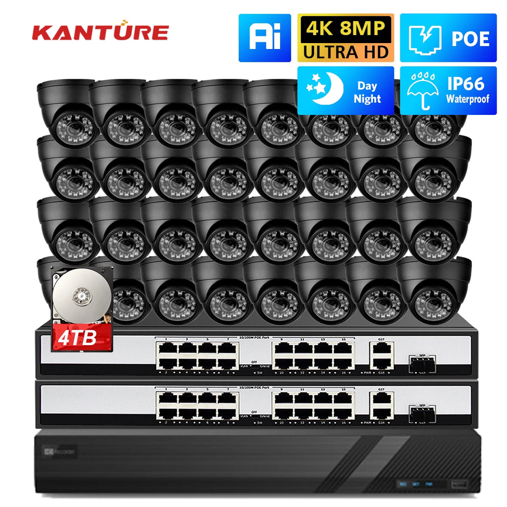 KANTURE 32CH 8MP 4K CCTV Camera System with AI Human Detection – Indoor & Outdoor POE Dome Cameras, Night Vision Security Kit