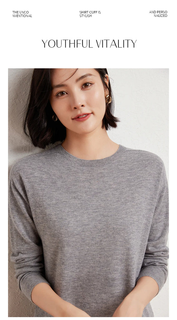 WinvyNee Women's 100% Wool Ribbed Crew Neck Sweater – Slim Fit Winter Knit Pullover