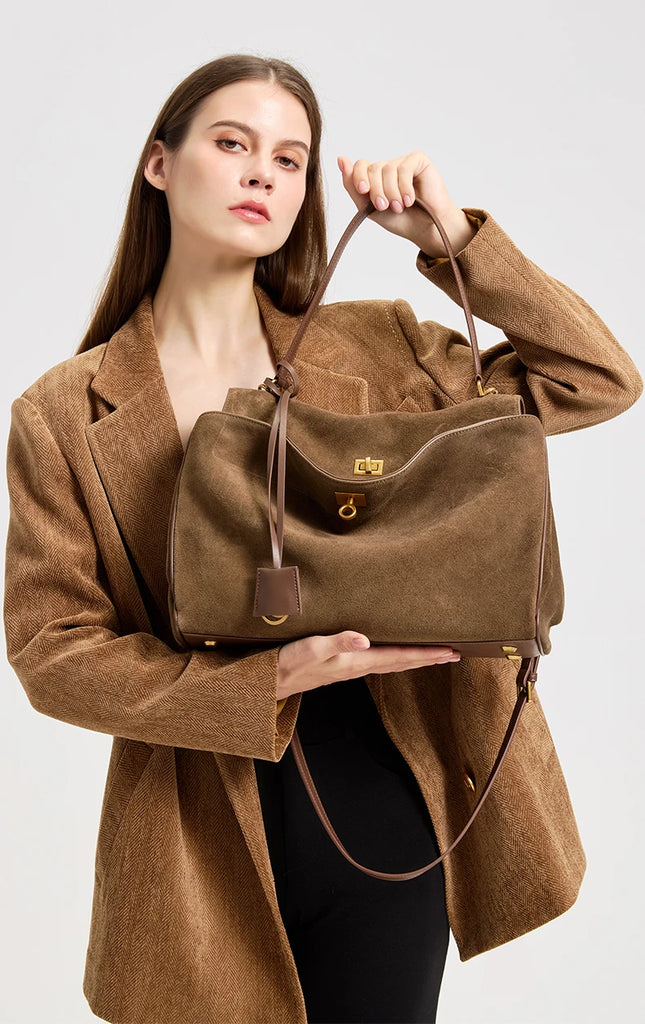 Women’s Genuine Suede Leather Large Capacity Shoulder Tote Bag Luxury Casual Handbag