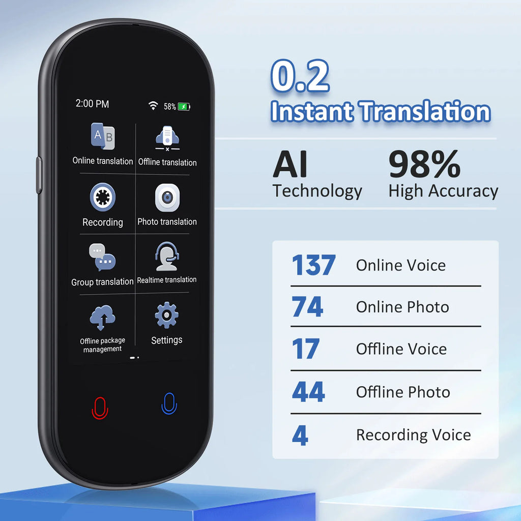 Z2 Instant AI Voice Translator 3.1” Touch Screen Portable Real-Time Translator with Recording & Photo for Travel, Learning, and Meetings