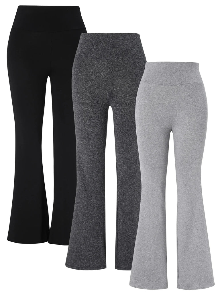 3-Pack or Single Piece Elegant Wide-Waisted Solid Color Summer Flared Pants for Women – Knitted Polyester Blend, Elastic Waist, Mature Style, Ankle-Length