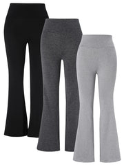 3-Pack or Single Piece Elegant Wide-Waisted Solid Color Summer Flared Pants for Women – Knitted Polyester Blend, Elastic Waist, Mature Style, Ankle-Length