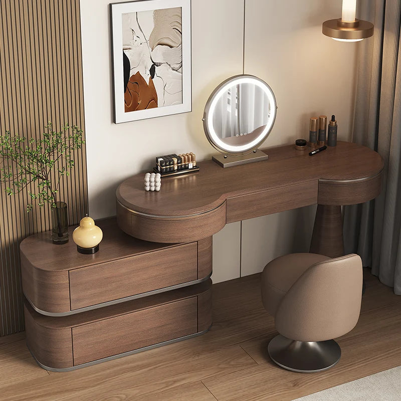 Luxury Modern Bedroom Dressing Table with Mirror, Makeup Stool, and Storage Drawers