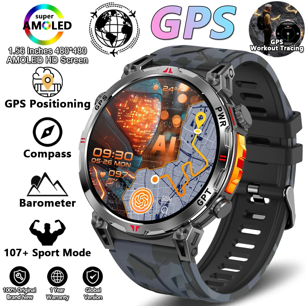 Outdoor Sports Smartwatch for Men – GPS, 1.56-inch AMOLED, 5ATM Waterproof, 650mAh Battery, Compass & HD Call