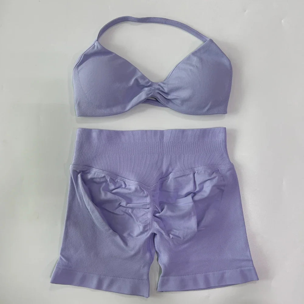 Women’s 2-Piece Seamless Gym Set – Strappy Yoga Bra & High-Waist Scrunch Shorts Workout Suit