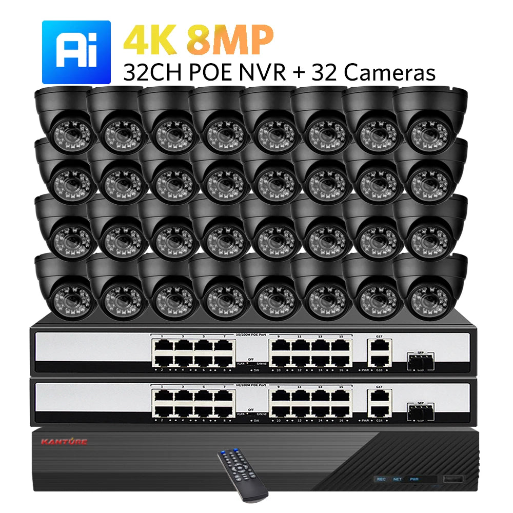 KANTURE 32CH 8MP 4K CCTV Camera System with AI Human Detection – Indoor & Outdoor POE Dome Cameras, Night Vision Security Kit