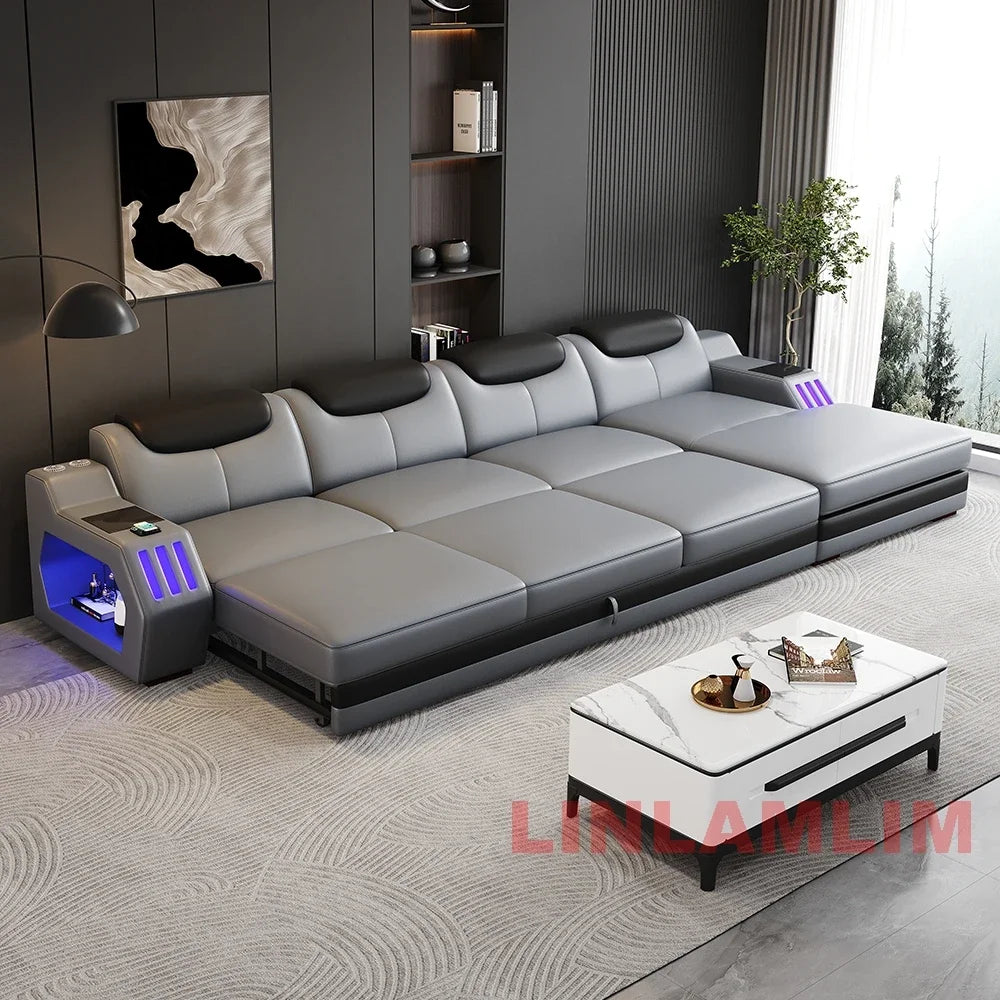 Modern L-Shaped Leather Sectional Sofa Bed with Adjustable Headrests, LED Lights, Storage & USB Ports