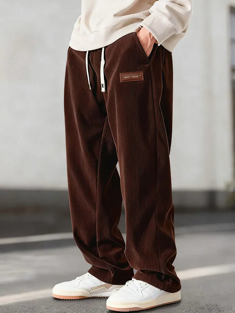 Men’s Corduroy Casual Pants Loose Fit Baggy Streetwear Trousers with Drawstring