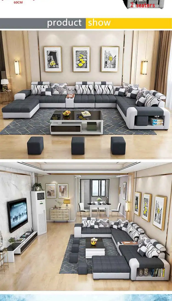 Modern U-Shaped Fabric Sofa Set with USB & Stools – Living Room Couch, Customizable Colors