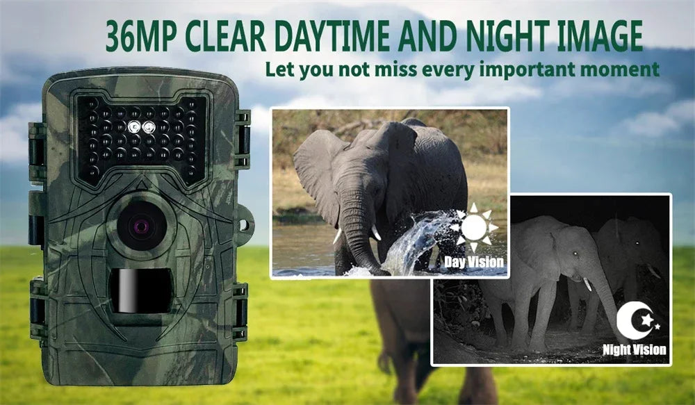 36MP Wildlife Hunting Camera with 1080P Video, 120° Wide Lens, 0.3s Trigger, Night Vision, IP66 Waterproof