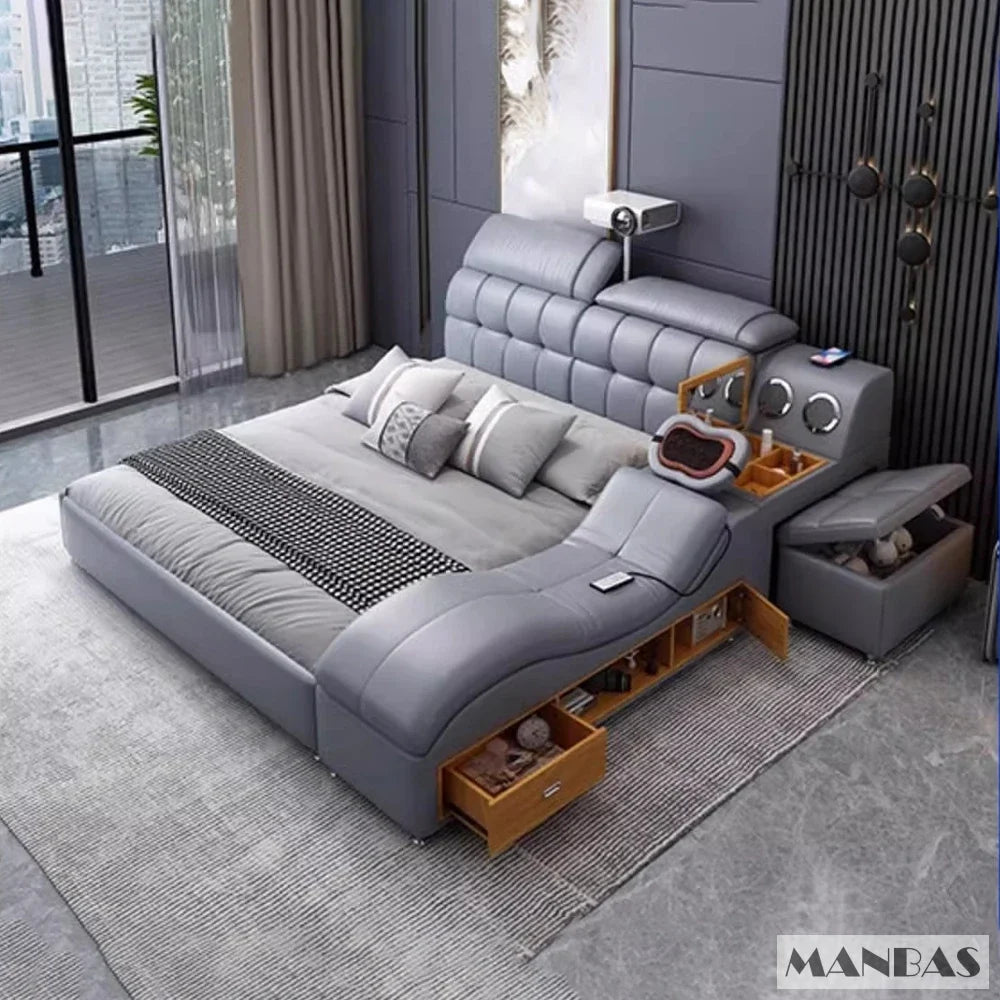 MANBAS Luxury King Size Genuine Leather Smart Bed with Massage, Storage, USB & Projector